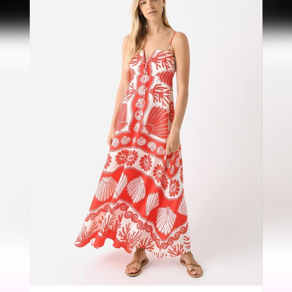 NWOT FARM Rio Red and White Patterned Maxi Dress
